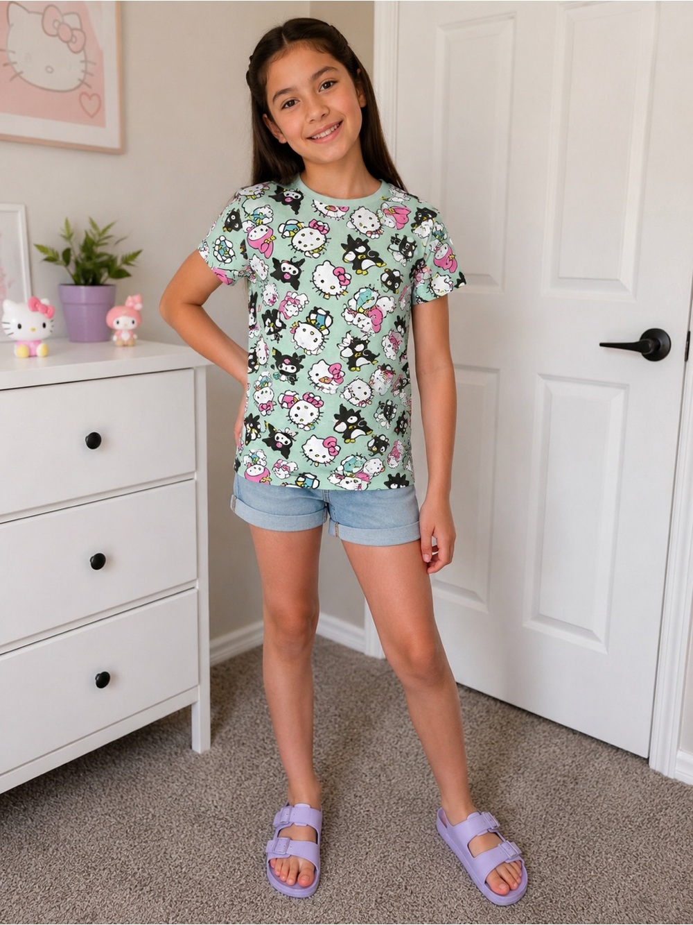 Hello Kitty & Friends Sanrio Graphic Tee Kids Size M 10/12 Mint Kawaii